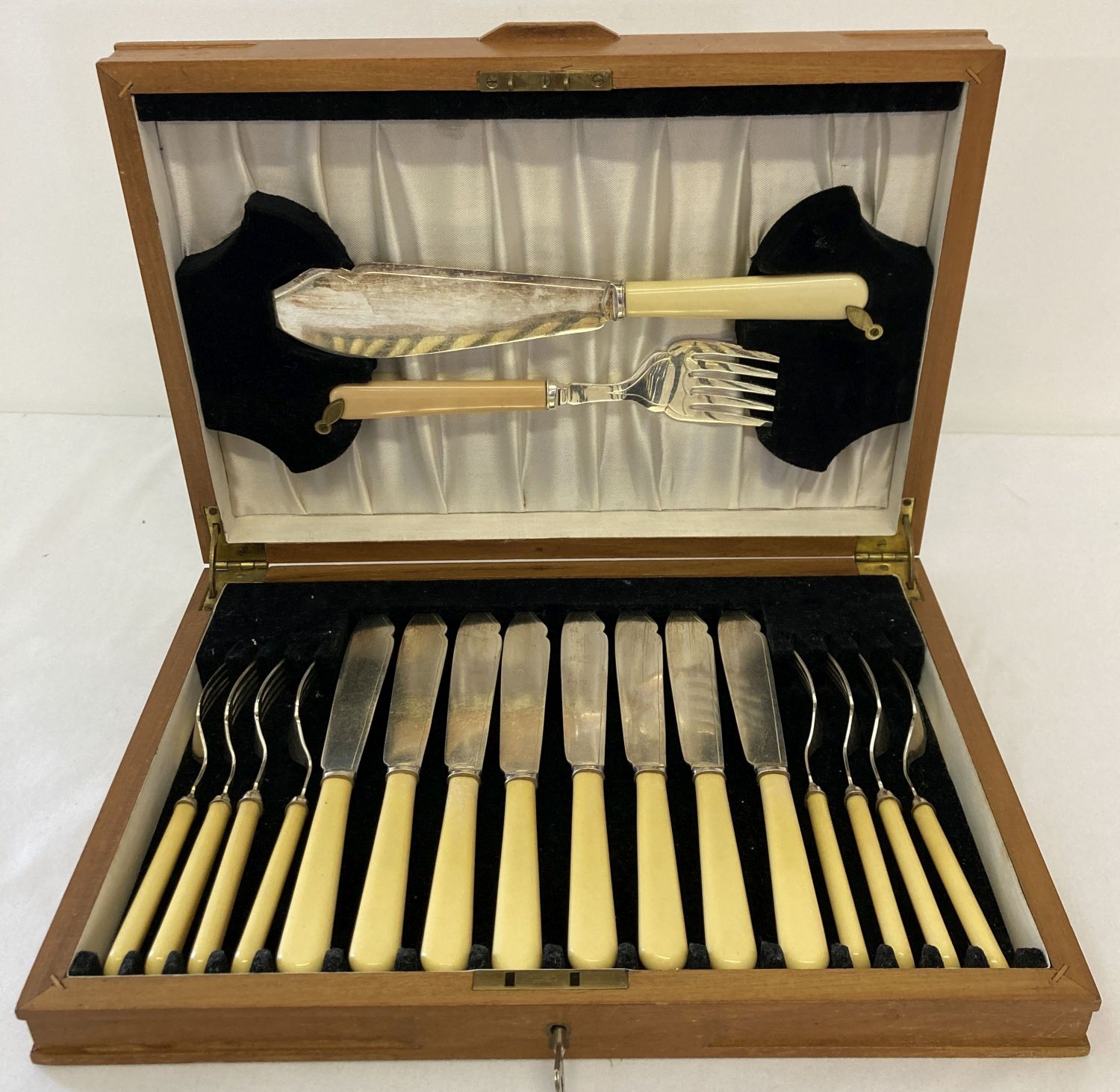 A wooden cased, 8 serving, vintage set of fish knives, forks & servers by John Sanderson, Sheffield.