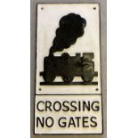 A large black and white painted Railway Crossing sign "Crossing No Gates". With wall fixing holes.