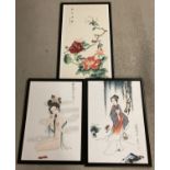 3 assorted Oriental, framed and glazed watercolour on silk panel pictures.