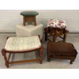 6 small vintage and modern stools and footstools in varying styles and sizes.