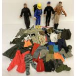 4 modern Action Men dolls and a box of assorted clothing and accessories.