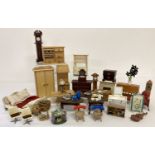 A box of assorted vintage wooden and plastic dolls house furniture and accessories.