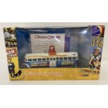 A boxed limited edition OM44009 Blackpool Brush Railcoach "The Laughing Donkey" by Corgi.