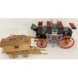 2 vintage wooden kit made wagons. A Stagecoach with painted detail, metal fixtures and moving parts.