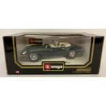 A boxed Diecast 1:18 scale model of an Jaguar E Cabriolet (1961), by Burago.