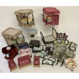 A box of assorted wire framed handmade dolls house furniture.