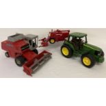 3 farm machinery vehicles. A diecast and plastic Massey Ferguson 850 combine by Ertl.