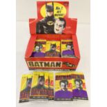 A full box of 48 sealed packets of Batman trading cards from Topps, 1989.