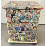 A modern pine 3 drawer cabinet painted in pastel colours with The Simpsons decoupage detail.