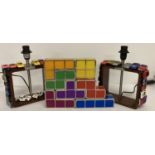 A pair of children's lamps hand decorated with small toy cars together with a Tetris lamp.