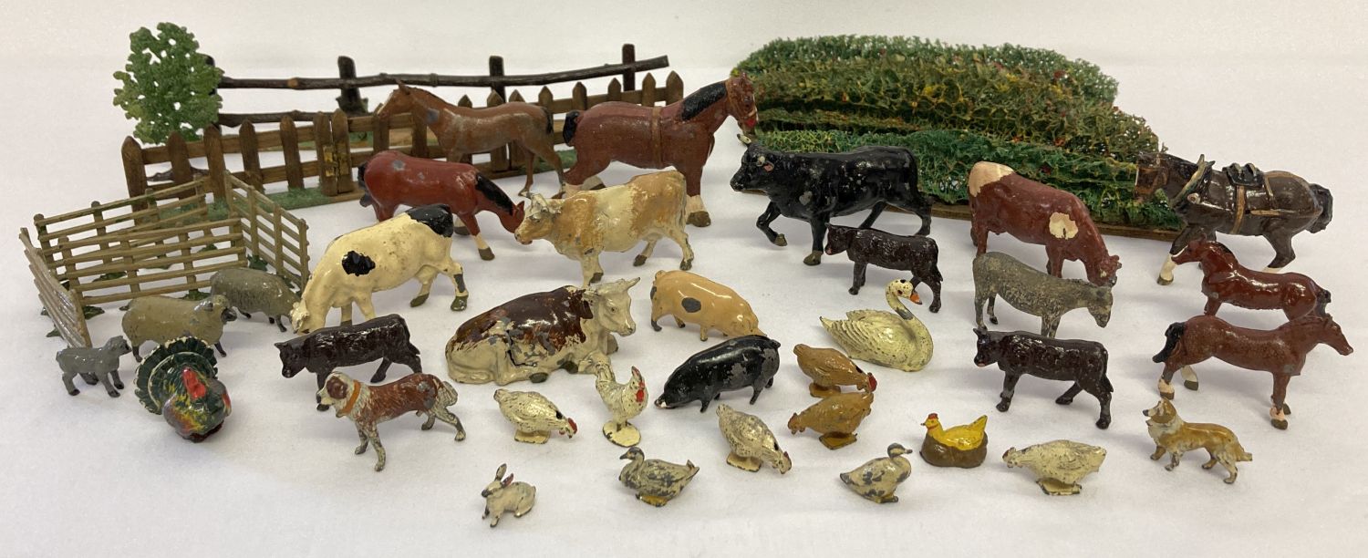 A quantity of assorted vintage lead farm animals to include Britains and J. Hill & Co.