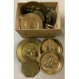 A box of assorted vintage brass items, to include 1951 Festival of Britain wall plaque.