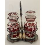 2 antique Bohemia glass pickle jars in a silver plated stand by J. B Chatterley & Sons Ltd.