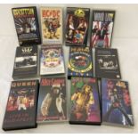 A collection of vintage hard rock VHS tapes.