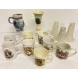 A box of assorted ceramics & glass to include studio pottery and commemorative mugs.