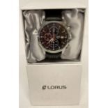 A boxed Lorus men's chronograph wristwatch with black leather strap.