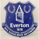 A blue & white painted cast iron Everton FC wall hanging plaque, with fixing holes.