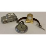 2 miniature novelty clocks, a Mini car by Royale and a mantle clock by Park Lane.