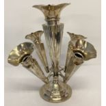An antique silver epergne with 4 fluted removable vases and engine turned decoration.