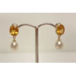 A Pair of 9ct gold, citrine and pearl drop style earrings.