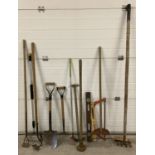 A collection of vintage and modern gardening tools.