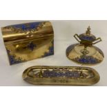 A vintage highly decorative enamelled brass, 3 piece desk set.