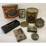 A collection of vintage tins and boxes.