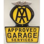 A painted aluminium AA Approved Garage Services wall plaque, in yellow & black.