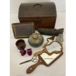 An antique dome topped wooden box (a/f) and assorted contents.