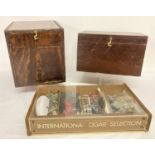 2 vintage dark wood boxes together with a 4 sectional cigar case and contents.