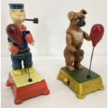 2 painted cast iron novelty boxing figures; a dog together with Popeye.