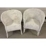 A white painted Lloyd Loom chair together with a white painted basket chair.