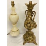 2 vintage table lamp bases. A heavy decorative brass lamp with an onyx lamp of bulbous form.
