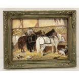 A framed oil painting of farm horses, ducks and pigs in a stable.