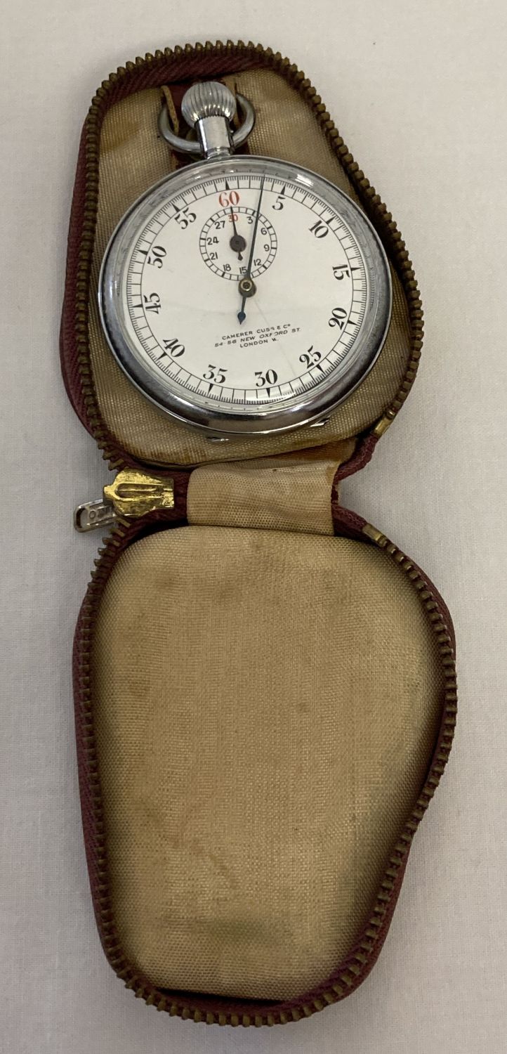 A vintage cased stop watch by Camerer Cuss & Co. London with inscription to back.