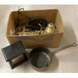 A box of assorted misc. vintage items, mostly metal ware.