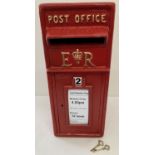 A full sized, red painted, cast metal ER post box with gold painted detail. Complete with keys.