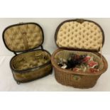 2 antique sewing boxes. A wicker and leather basket with cream lining.