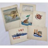 6 vintage pencil & watercolour sketches by illustrator John Dunscombe, relating to the sea & boats.