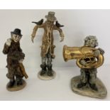3 signed Norman Underhill vintage studio pottery figurines; Scarecrow, Chimney Sweep & Tuba player.