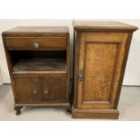 An vintage walnut veneer single door pot cupboard with interior shelf.