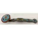 A Chinese enamelled ruyi sceptre with fu bat design and impressed signature marks to reverse.