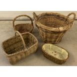 A collection of 4 wicker baskets; a log basket, egg basket, shopping basket and lined bread basket.