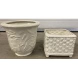 2 ceramic planters. A white ceramic Poole Pottery basket weave design planter.