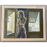 Krys Leach - wooden framed oil on board of a nude, entitled "Summer in the City".