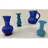 4 pieces of antique blue coloured glass to include 3 pieces with pontil marks to base.