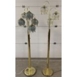 2 modern brass standard lamps with bell shaped flower lights & glass panelled shades.