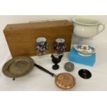 A collection of assorted misc vintage items to include wooden box, brass comport and glass items.