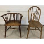 2 elm wood chairs. A Vintage hoop back chair with turned legs.