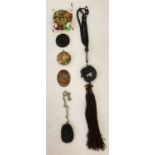 A small collection of oriental items to include carved jade pendants, prayer beads & a trinket box.
